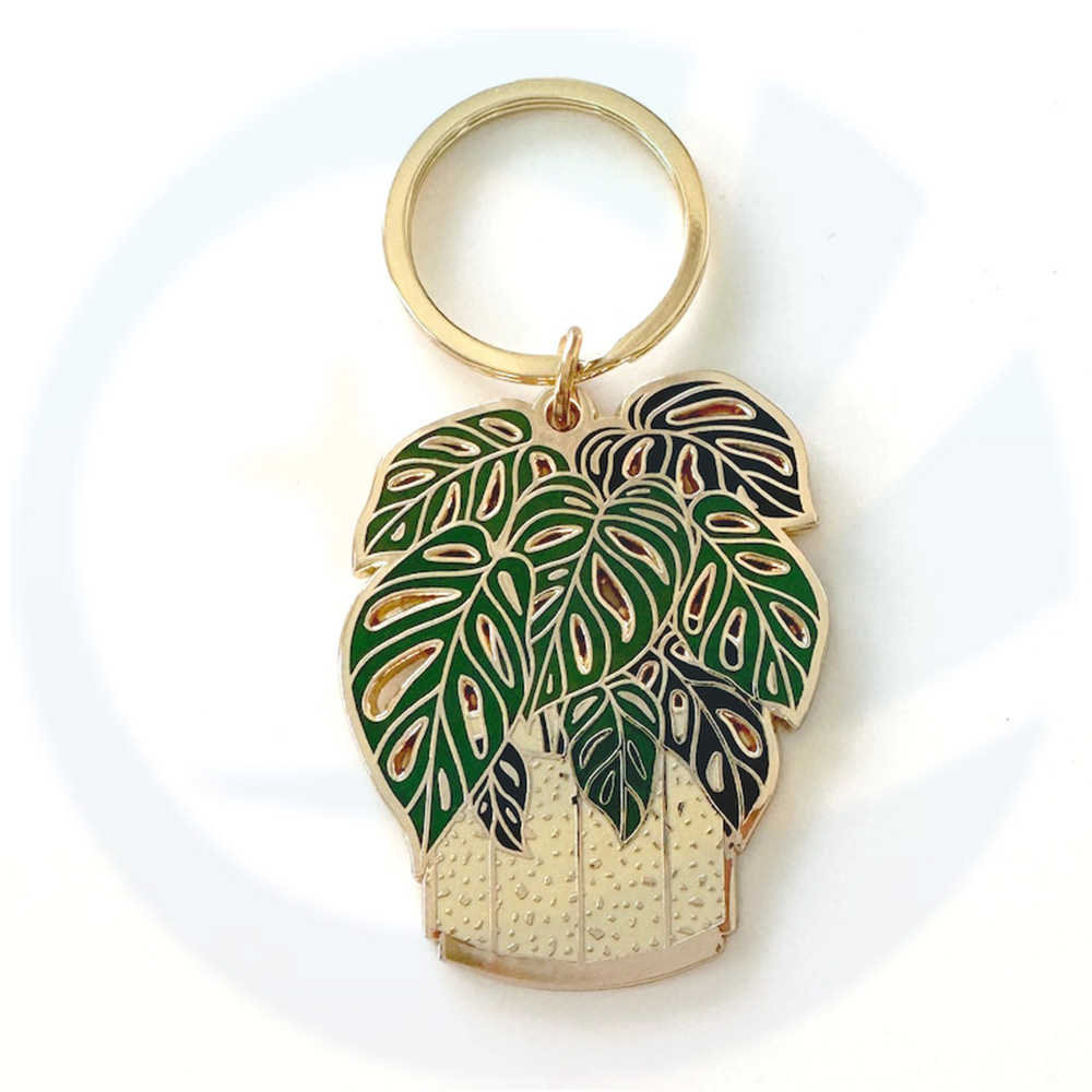 Fabricar design personalizado de esmalte duro monstera pátio de folhas em vasos de keychains keyrings pingentes de keychain de plantas personalizadas