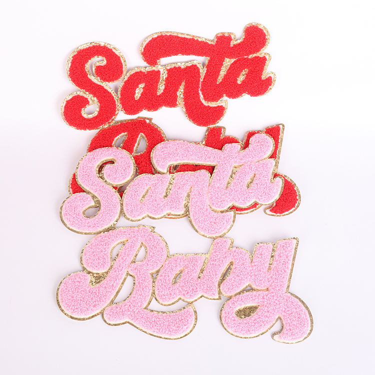 Chenille de Natal por atacado Patches Big Iron em rosa vermelho Rosa Bordado Santa Baby Chenille Patch com Gold Glitter for Tothing