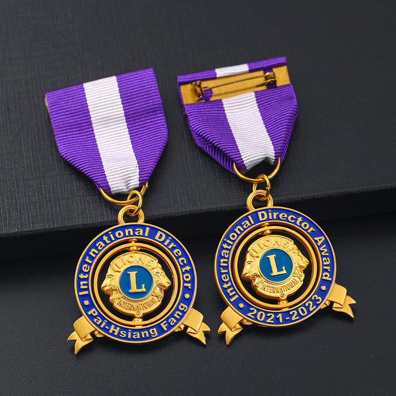 Metal Custom 3D Lions Club Lapela Pin Medallas de Metal Medalha Honorável Campanha Medalhas Rotativas com Fita Curta