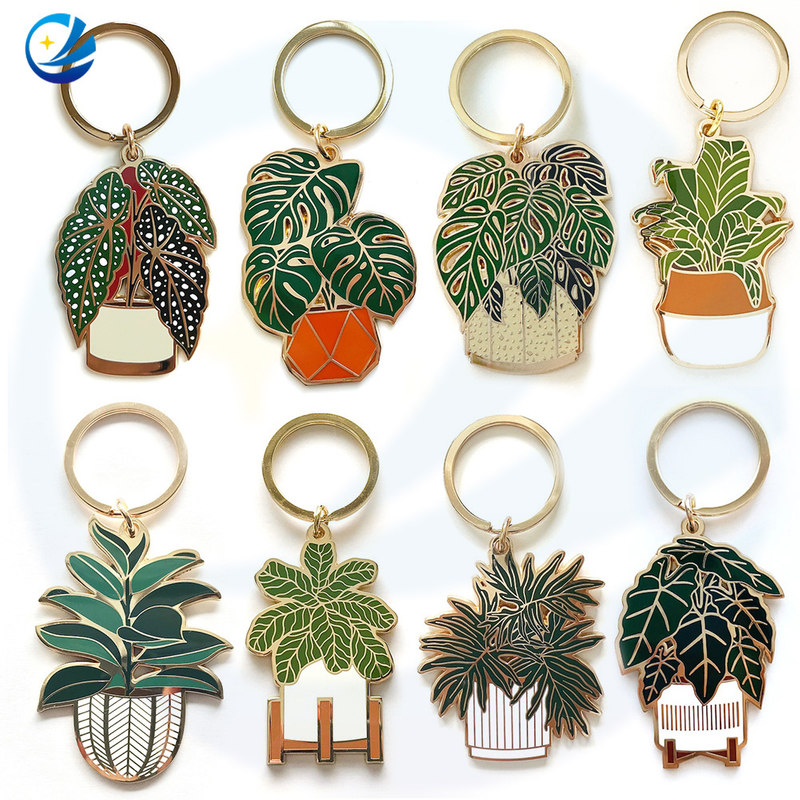 Fabricar design personalizado de esmalte duro monstera pátio de folhas em vasos de keychains keyrings pingentes de keychain de plantas personalizadas