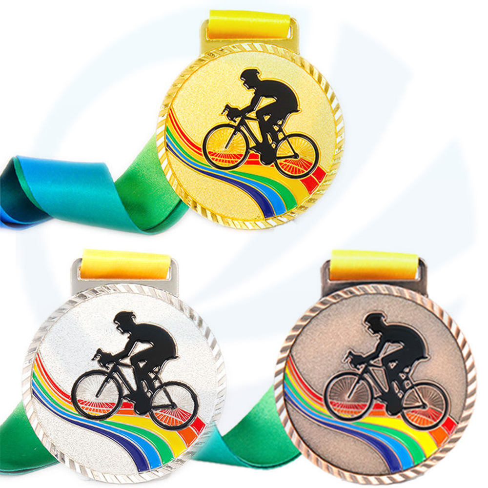 Blank Metal Metal 3D Sport Race Bike Ride Bicycle Medalha de ciclismo personalizada barata com fita